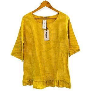 Lungo L’Arno Puro Lino Women's M Scoop Neck 3/4 Sleeve Ruffle Hem Blouse Mustard